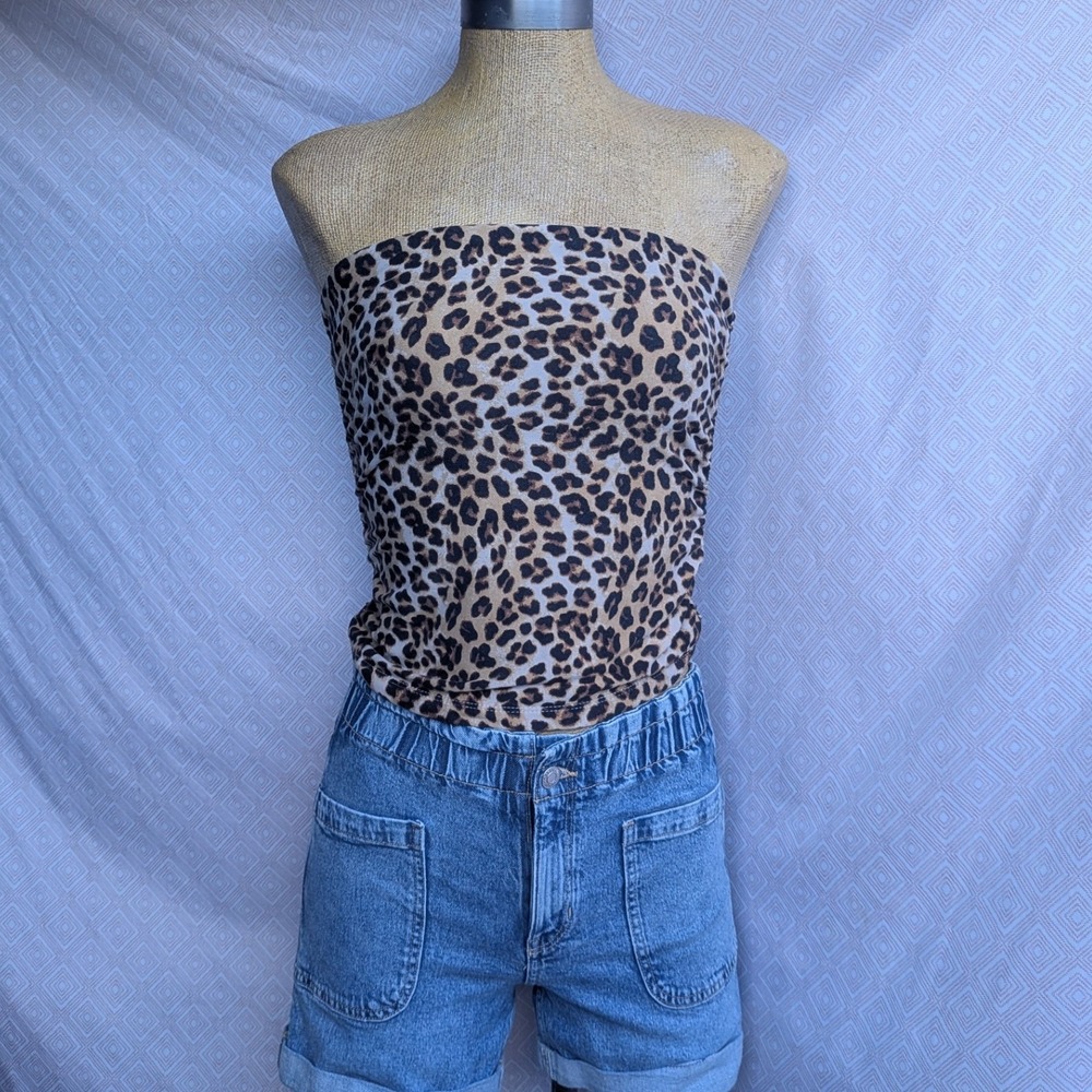 Unbranded Tube Top Women Brown Excellent Leopard Print Strapless Stretch Slim